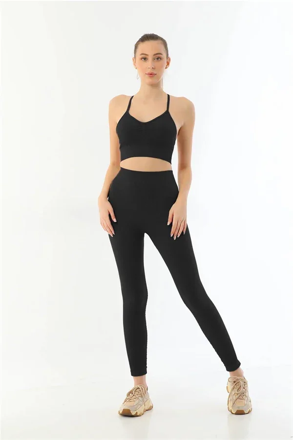 Siyah MI Emay 3921 Soft Seamless Ripli Tayt Yoga Takımı