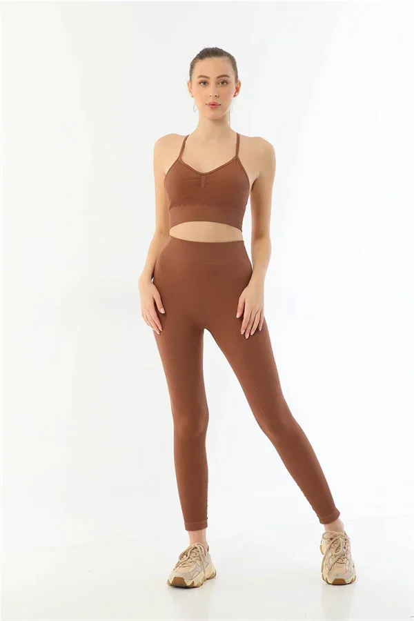 Kahve MI Emay 3921 Soft Seamless Ripli Tayt Yoga Takımı